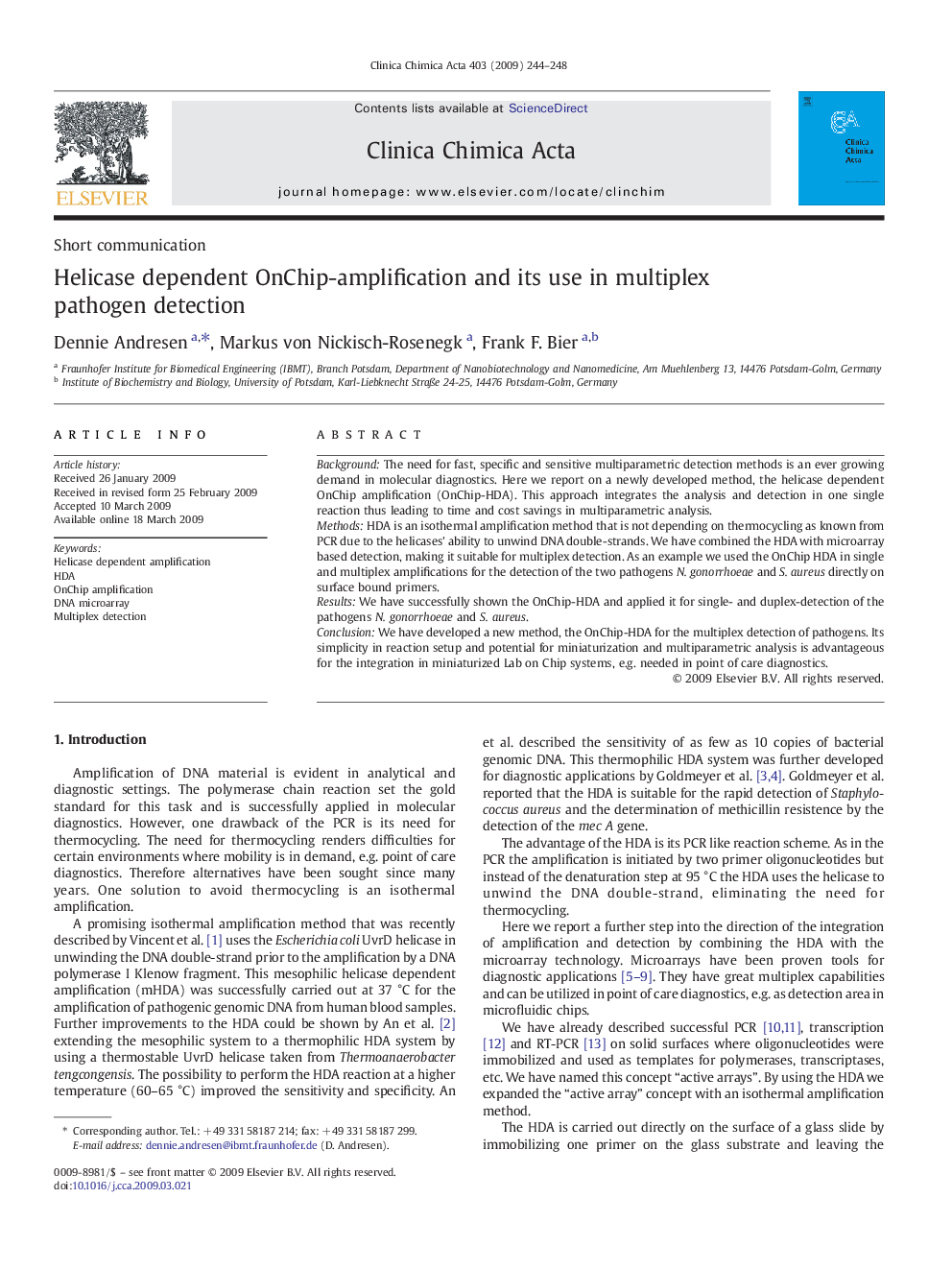 Helicase dependent OnChip-amplification and its use in multiplex pathogen detection