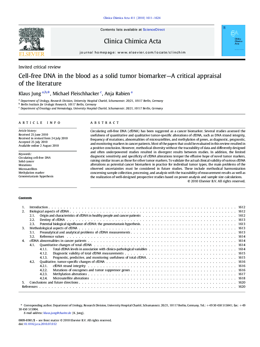 Cell-free DNA in the blood as a solid tumor biomarker—A critical appraisal of the literature