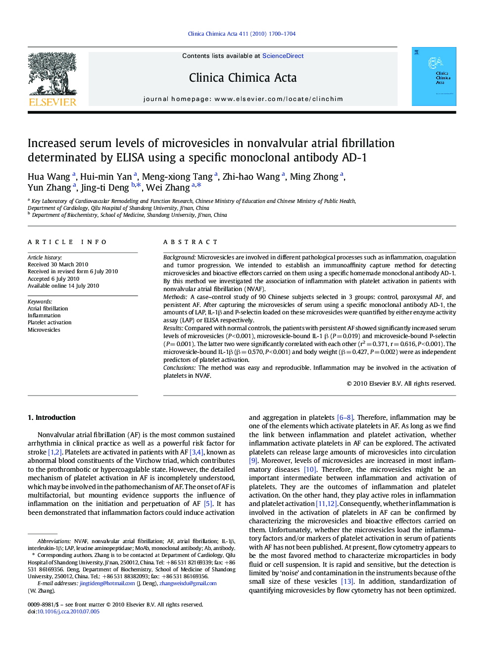 Increased serum levels of microvesicles in nonvalvular atrial fibrillation determinated by ELISA using a specific monoclonal antibody AD-1