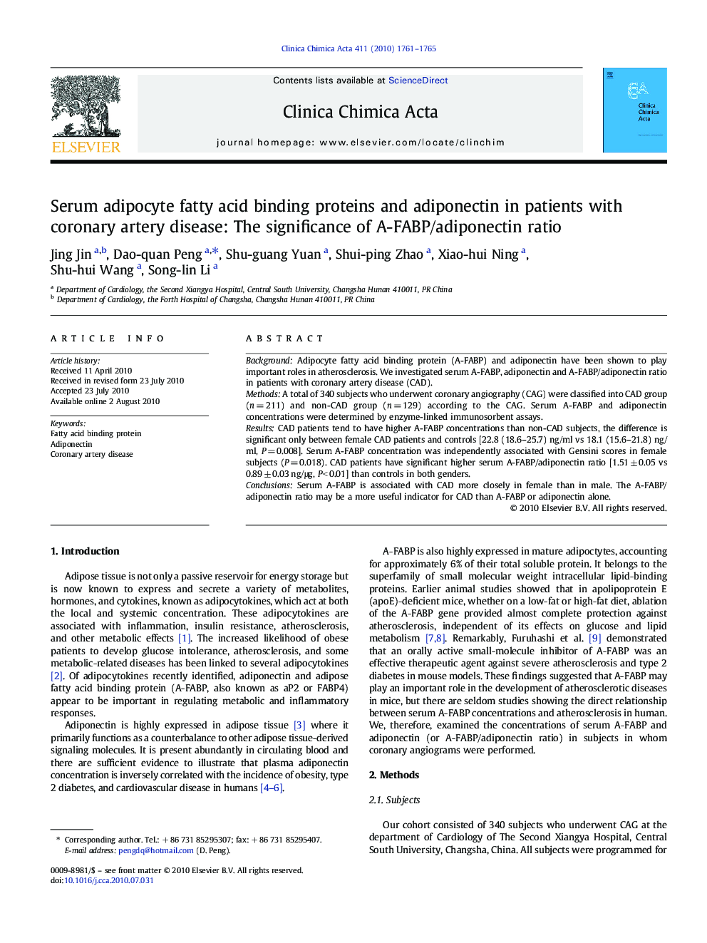 Serum adipocyte fatty acid binding proteins and adiponectin in patients with coronary artery disease: The significance of A-FABP/adiponectin ratio