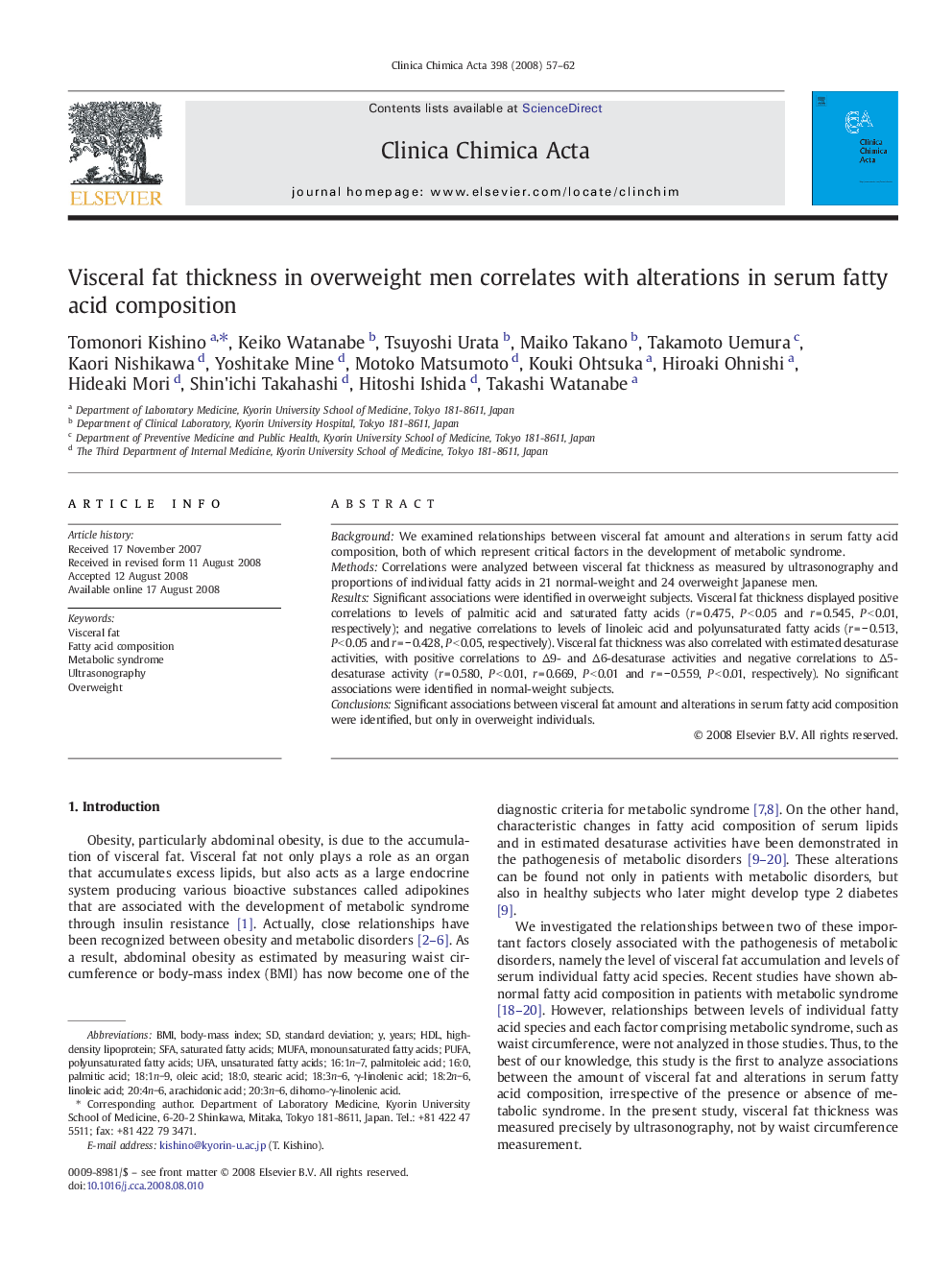 Visceral fat thickness in overweight men correlates with alterations in serum fatty acid composition