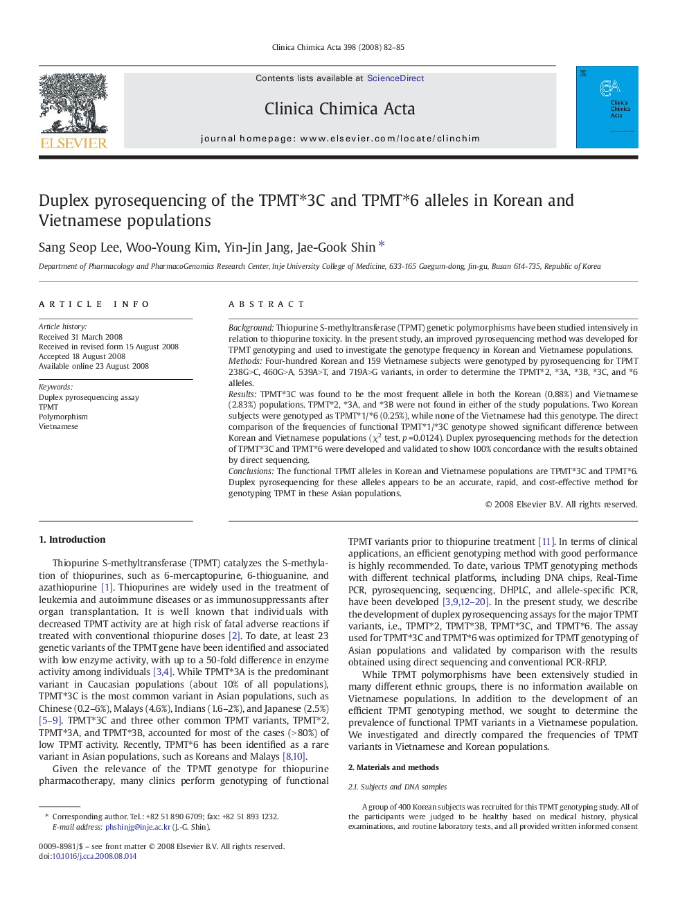 Duplex pyrosequencing of the TPMT⁎3C and TPMT⁎6 alleles in Korean and Vietnamese populations