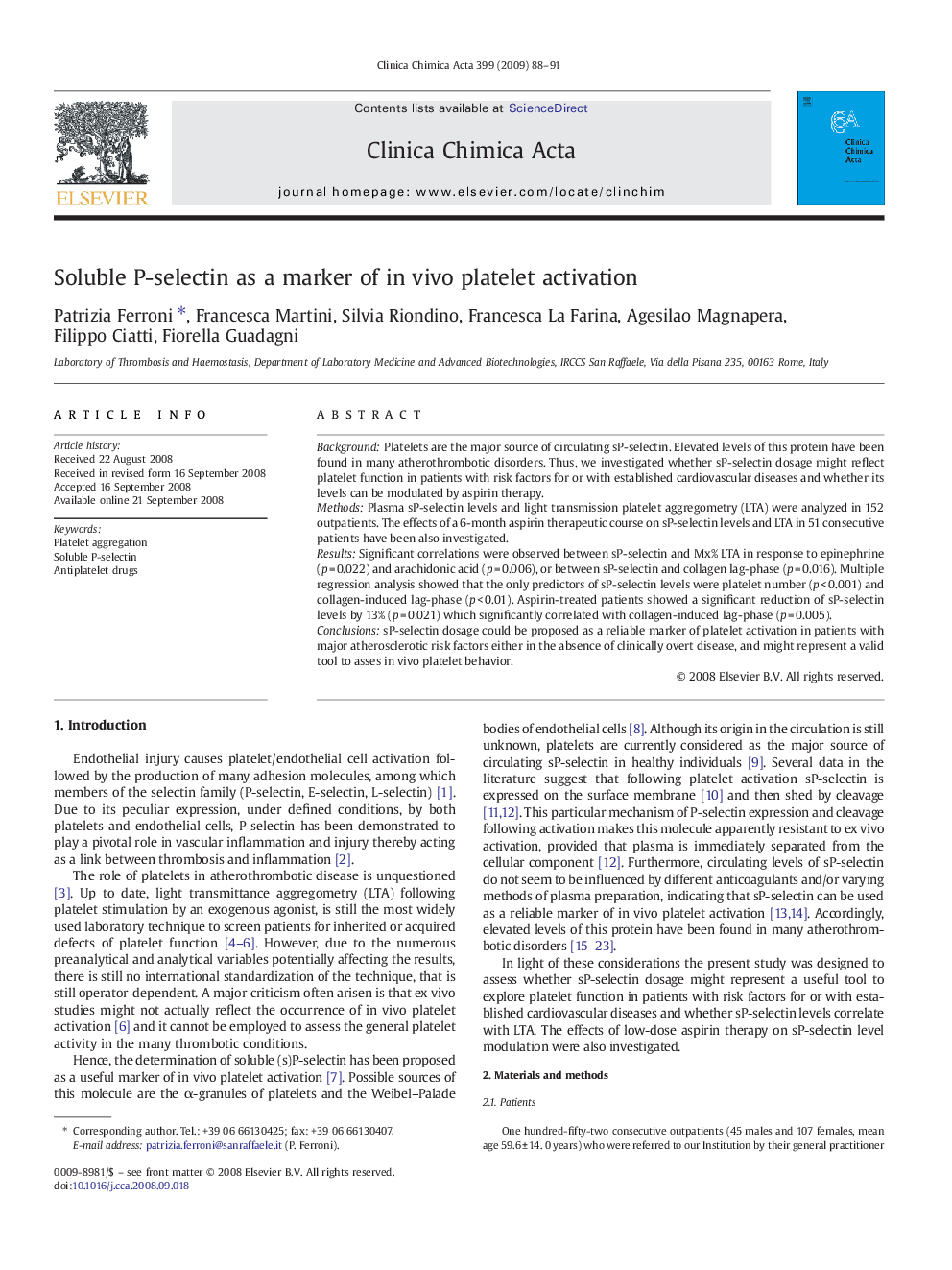 Soluble P-selectin as a marker of in vivo platelet activation