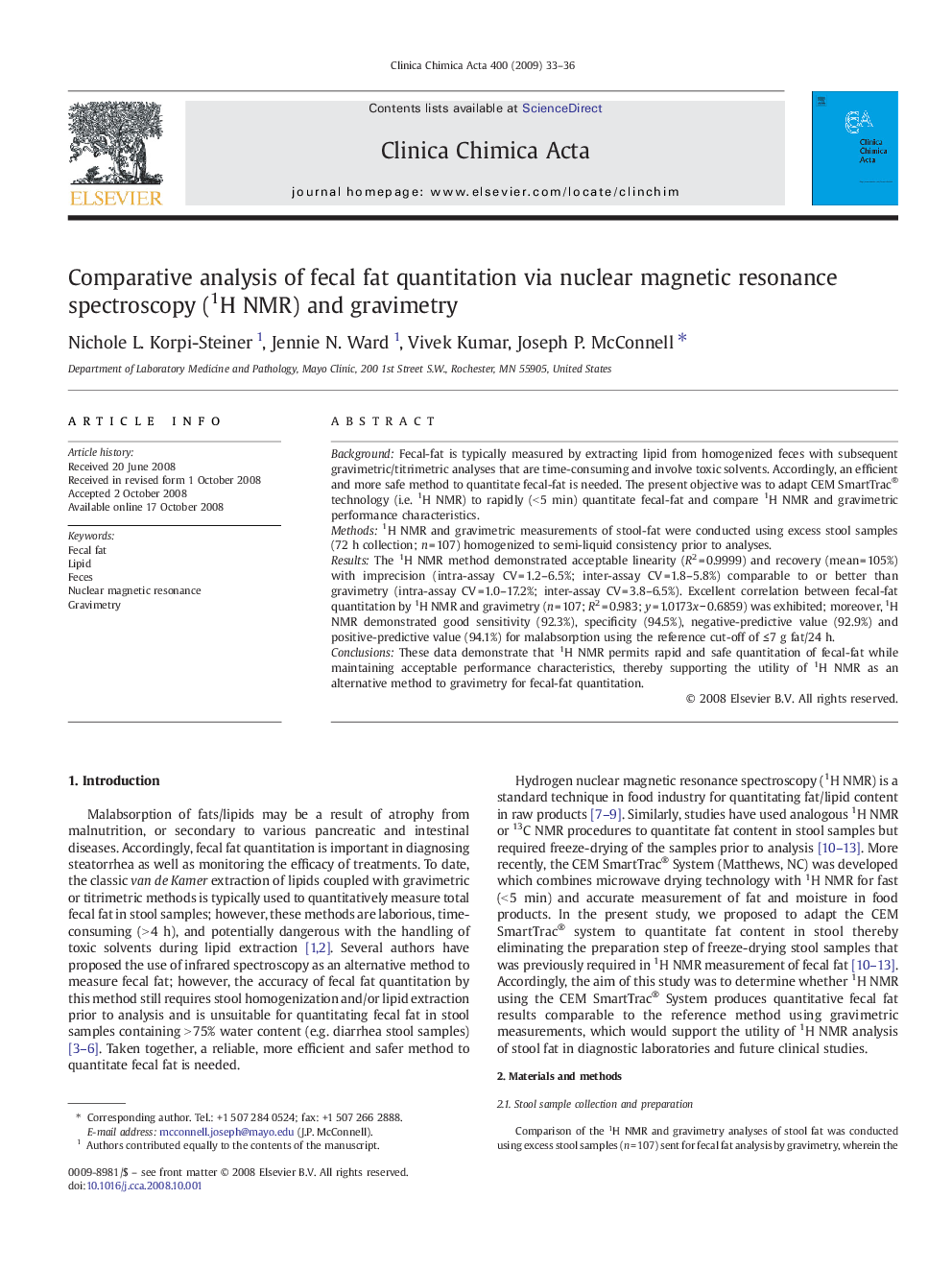 Comparative analysis of fecal fat quantitation via nuclear magnetic resonance spectroscopy (1H NMR) and gravimetry