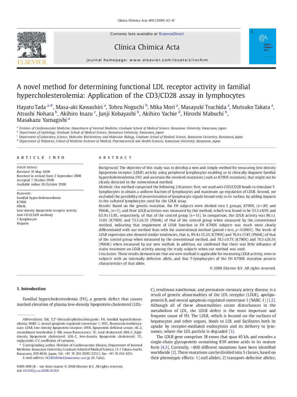 A novel method for determining functional LDL receptor activity in familial hypercholesterolemia: Application of the CD3/CD28 assay in lymphocytes