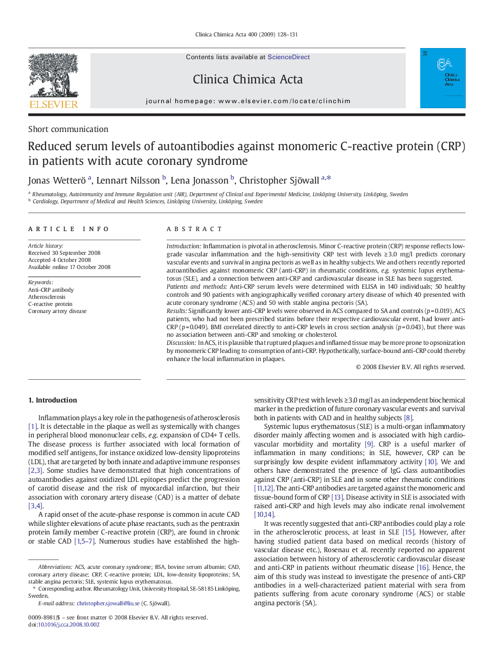 Reduced serum levels of autoantibodies against monomeric C-reactive protein (CRP) in patients with acute coronary syndrome