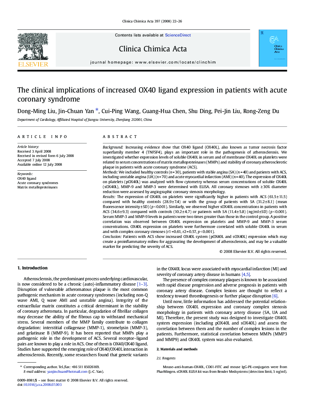 The clinical implications of increased OX40 ligand expression in patients with acute coronary syndrome