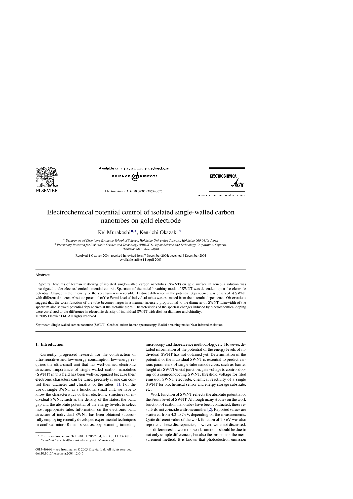 Electrochemical potential control of isolated single-walled carbon nanotubes on gold electrode