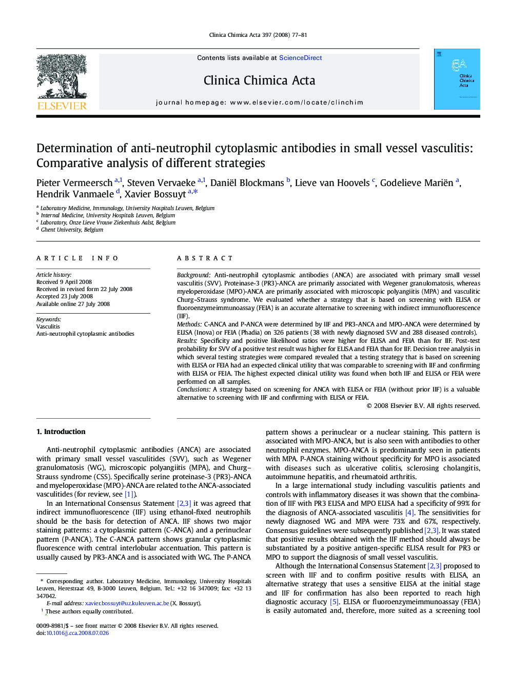 Determination of anti-neutrophil cytoplasmic antibodies in small vessel vasculitis: Comparative analysis of different strategies