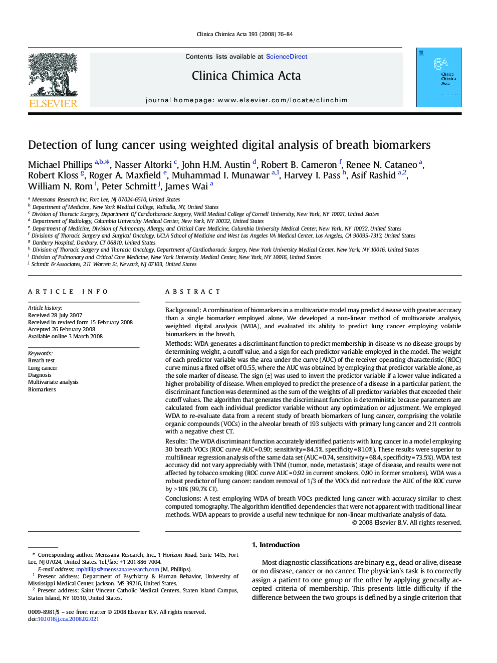 Detection of lung cancer using weighted digital analysis of breath biomarkers