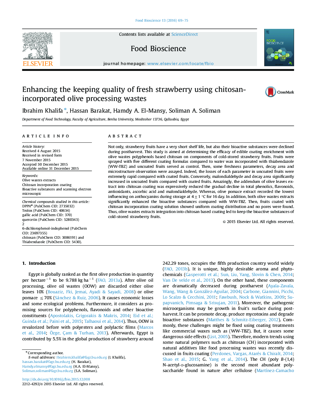 Enhancing the keeping quality of fresh strawberry using chitosan-incorporated olive processing wastes