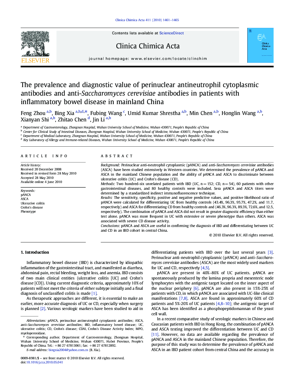 The prevalence and diagnostic value of perinuclear antineutrophil cytoplasmic antibodies and anti-Saccharomyces cerevisiae antibodies in patients with inflammatory bowel disease in mainland China