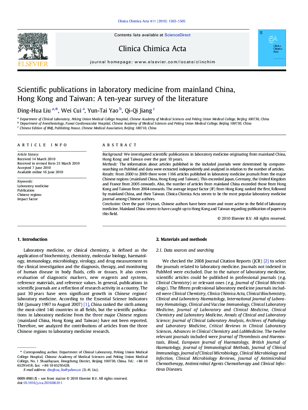 Scientific publications in laboratory medicine from mainland China, Hong Kong and Taiwan: A ten-year survey of the literature