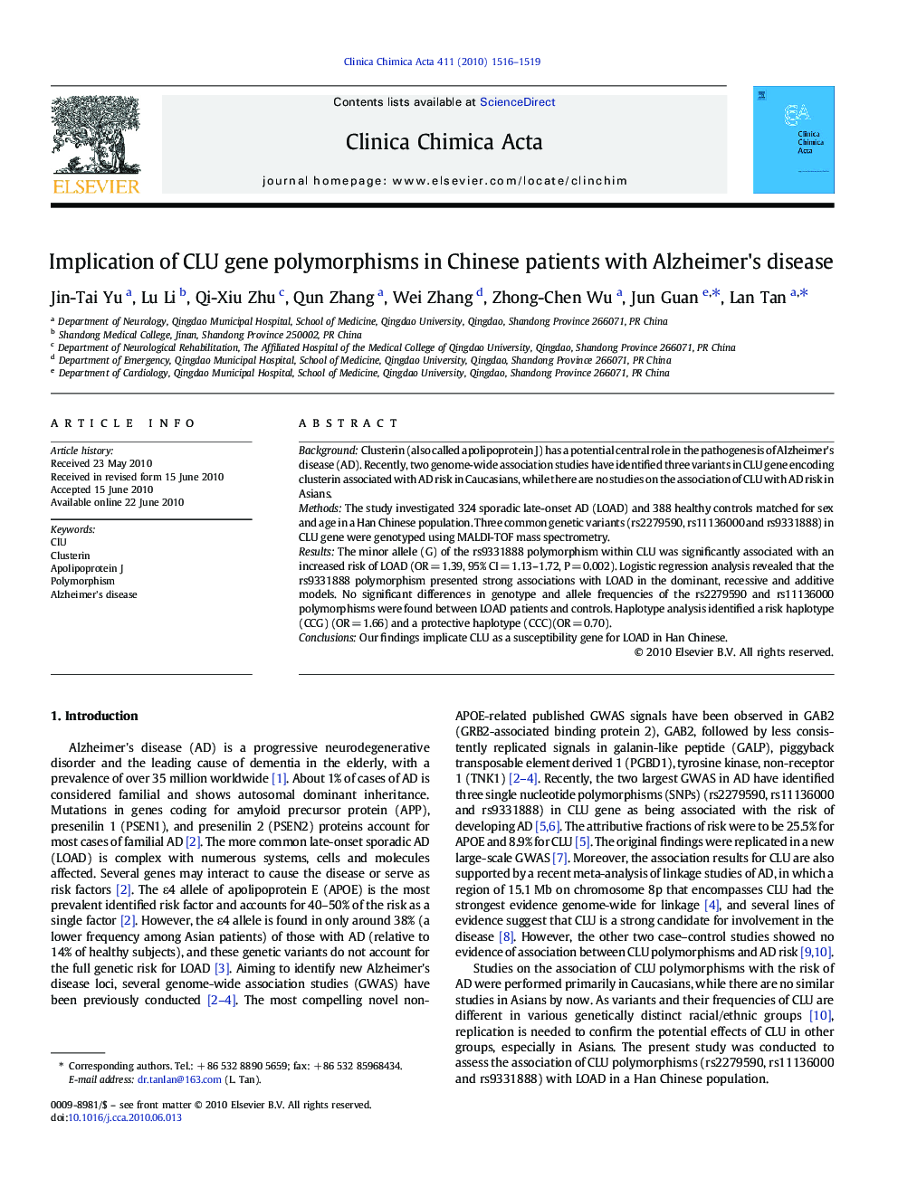 Implication of CLU gene polymorphisms in Chinese patients with Alzheimer's disease