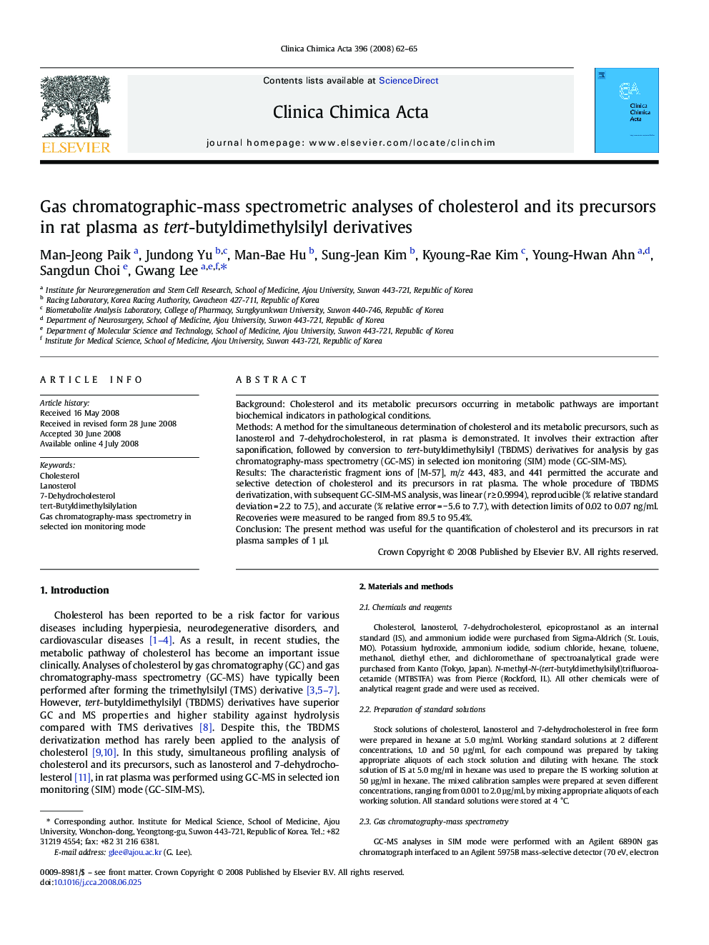 Gas chromatographic-mass spectrometric analyses of cholesterol and its precursors in rat plasma as tert-butyldimethylsilyl derivatives