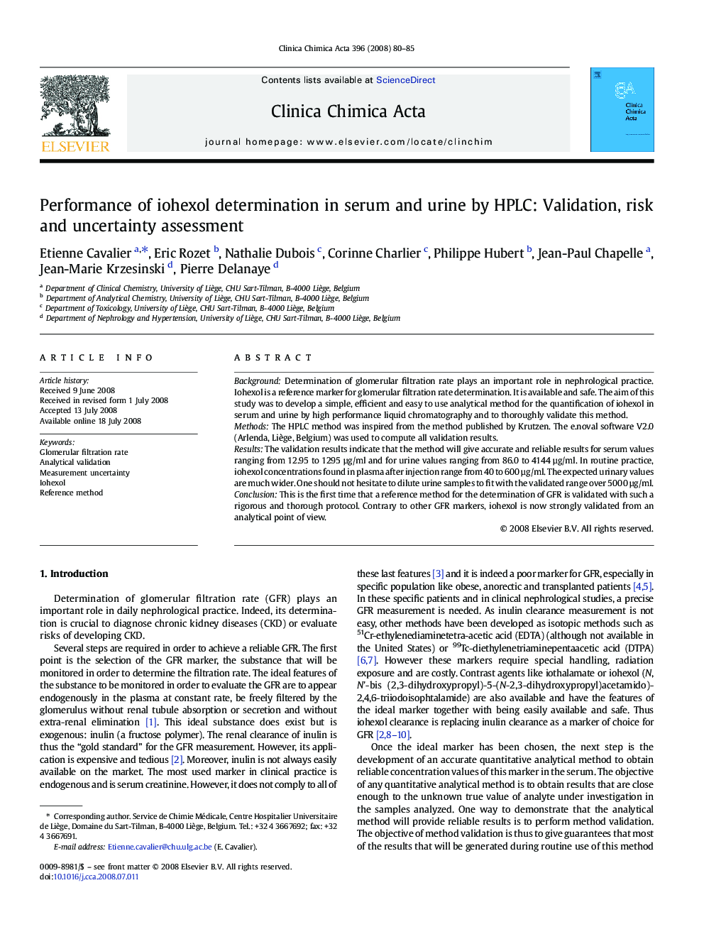 Performance of iohexol determination in serum and urine by HPLC: Validation, risk and uncertainty assessment