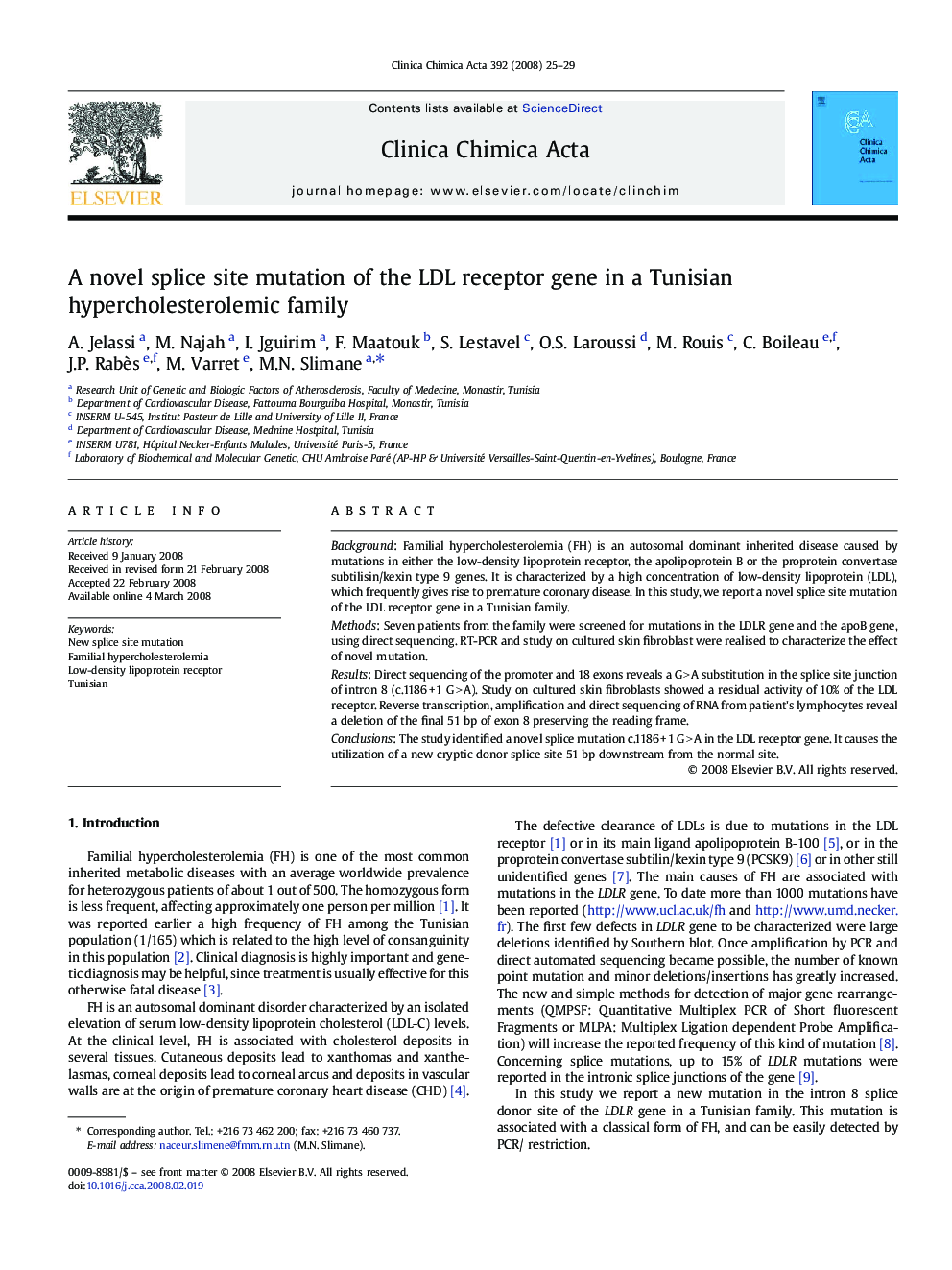 A novel splice site mutation of the LDL receptor gene in a Tunisian hypercholesterolemic family