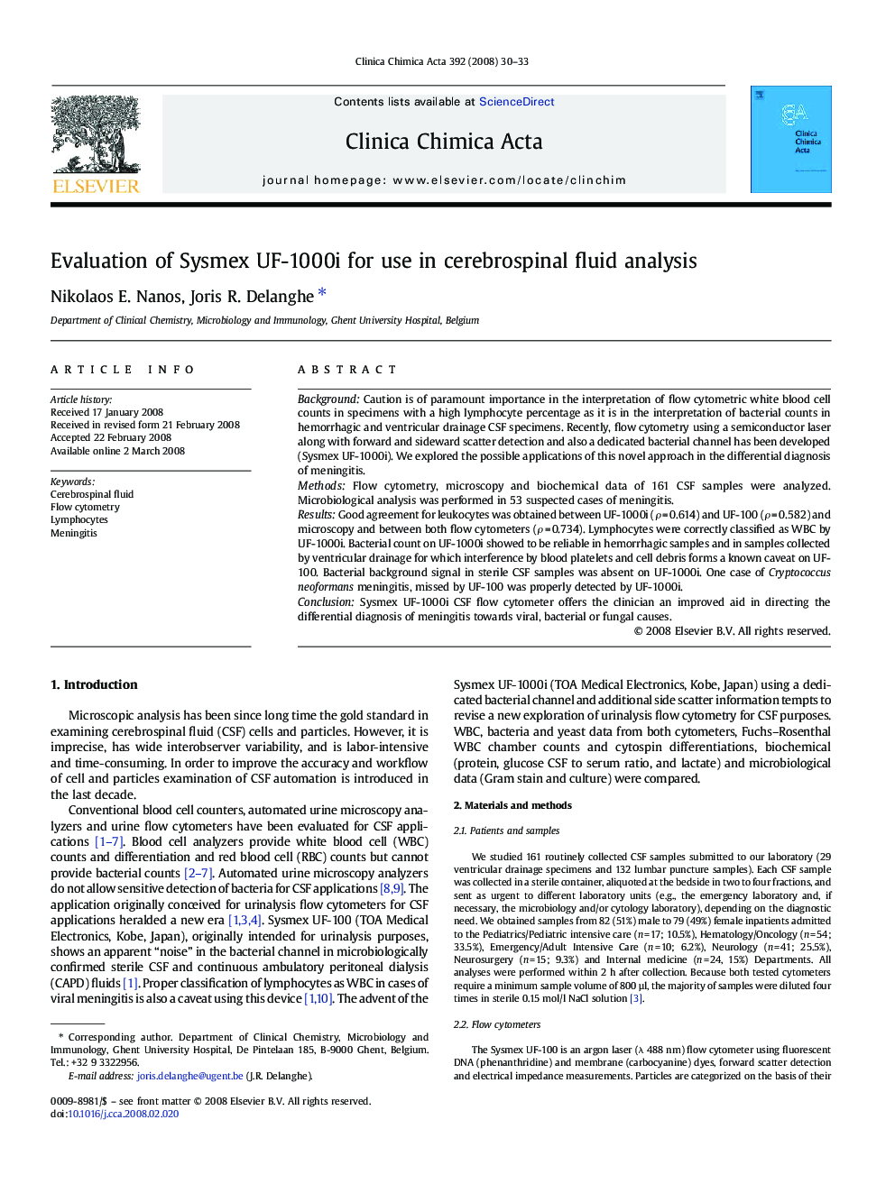 Evaluation of Sysmex UF-1000i for use in cerebrospinal fluid analysis