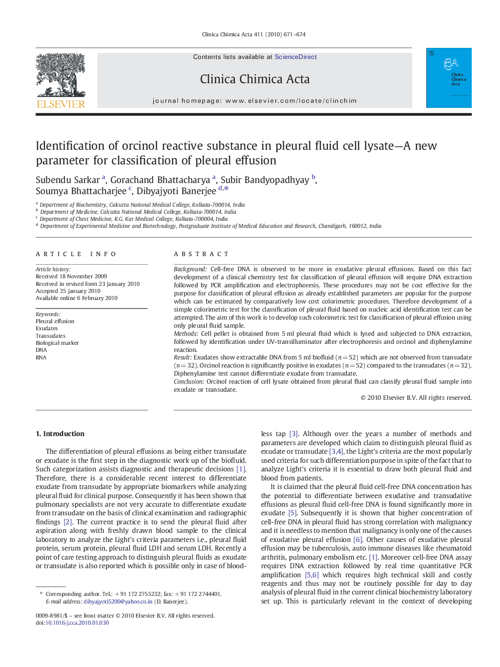 Identification of orcinol reactive substance in pleural fluid cell lysate-A new parameter for classification of pleural effusion