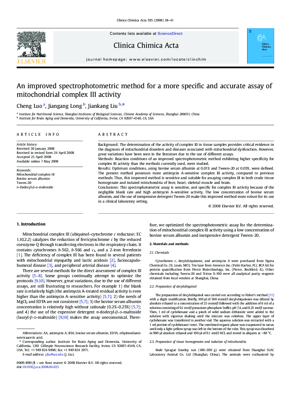 An improved spectrophotometric method for a more specific and accurate assay of mitochondrial complex III activity