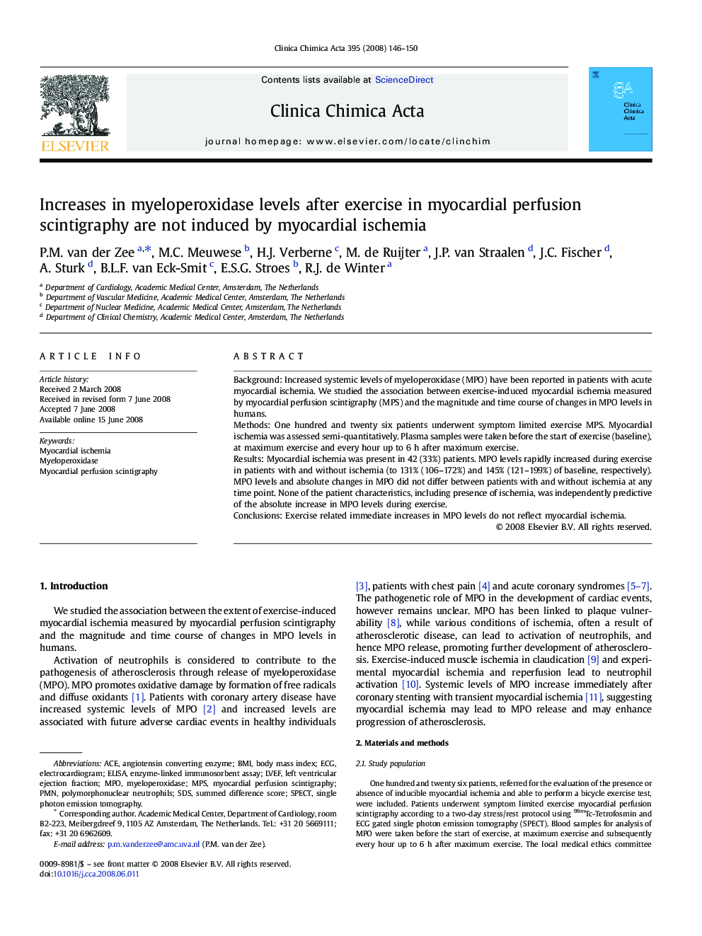 Increases in myeloperoxidase levels after exercise in myocardial perfusion scintigraphy are not induced by myocardial ischemia