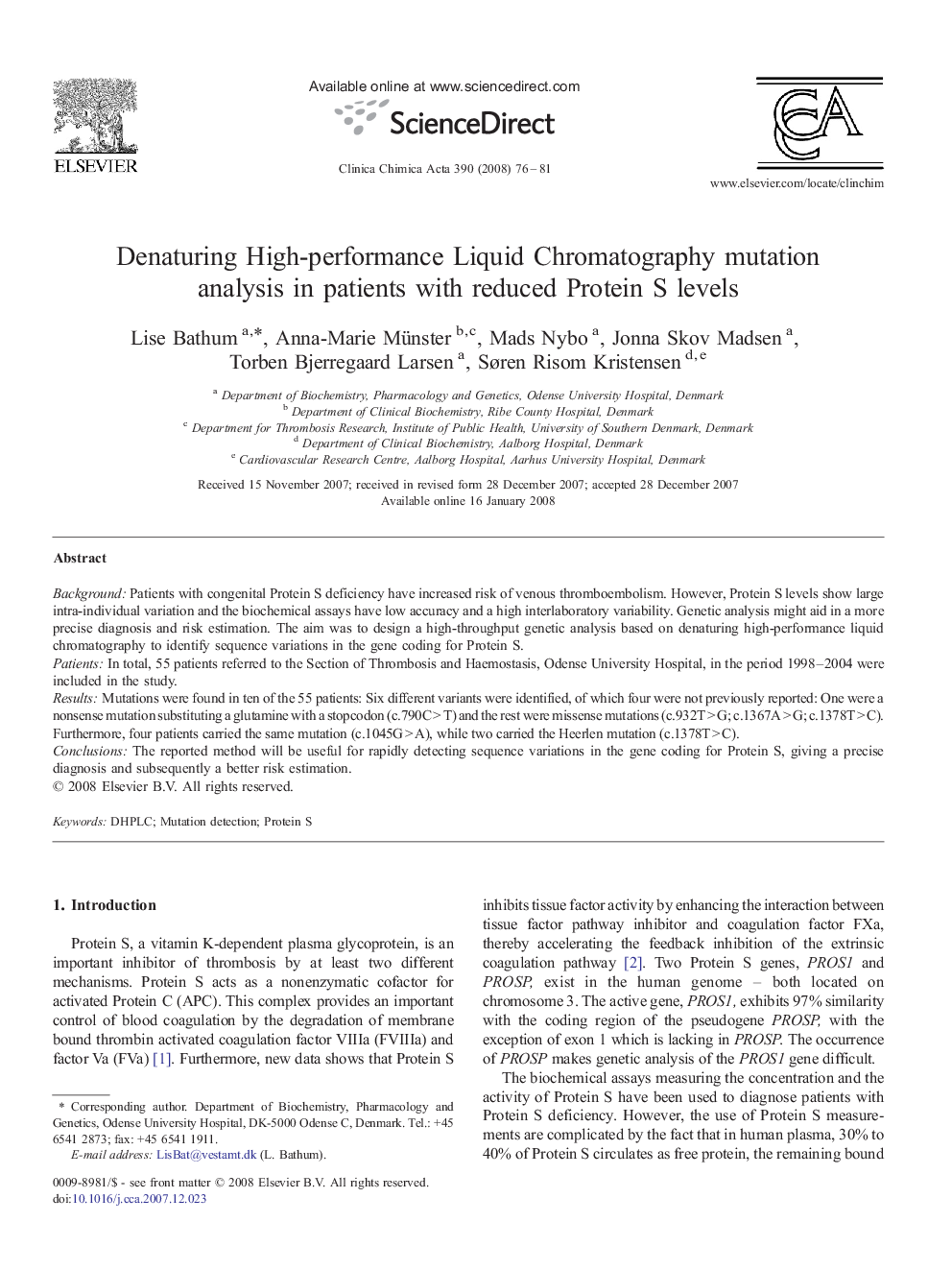 Denaturing High-performance Liquid Chromatography mutation analysis in patients with reduced Protein S levels