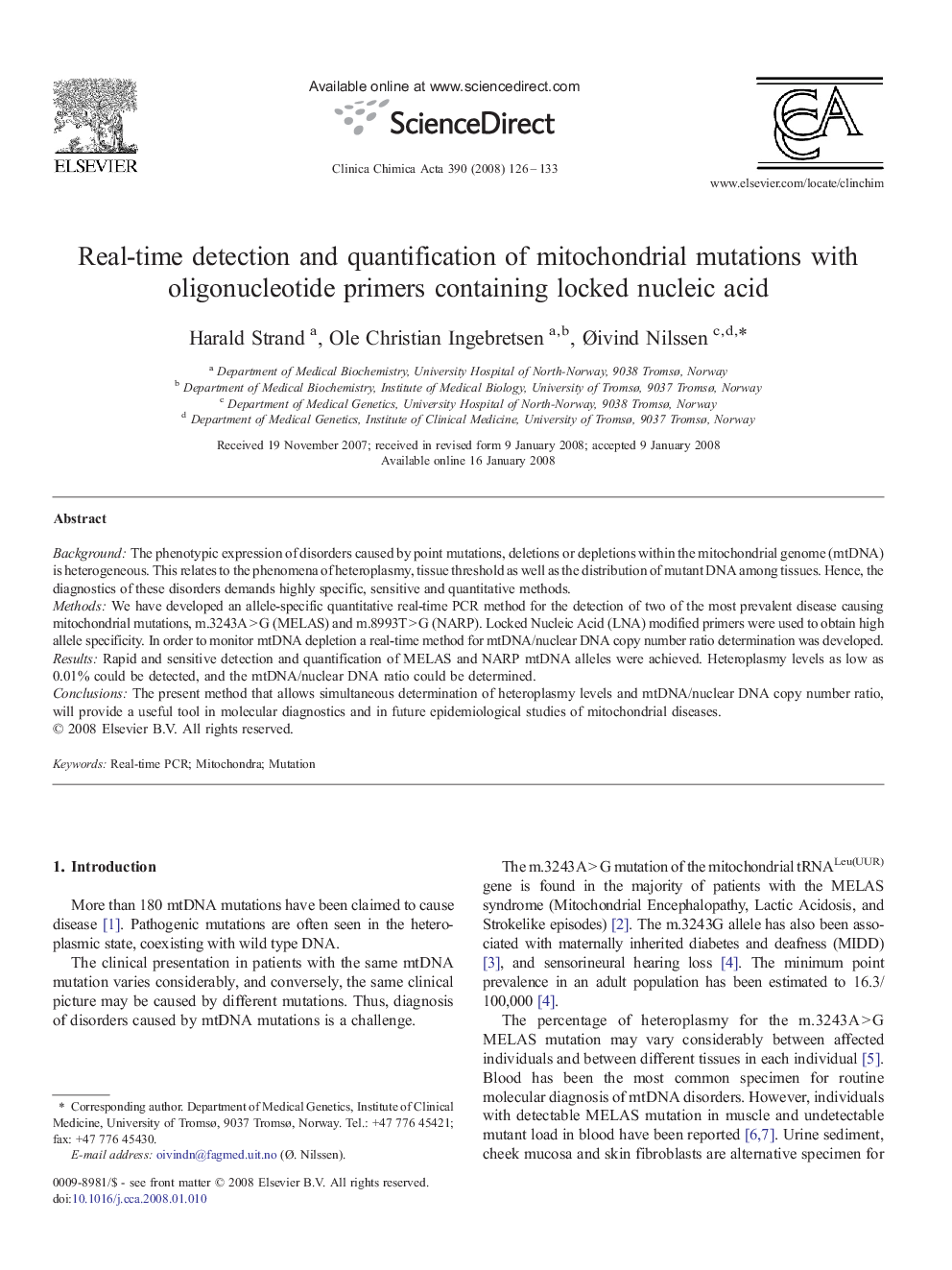 Real-time detection and quantification of mitochondrial mutations with oligonucleotide primers containing locked nucleic acid