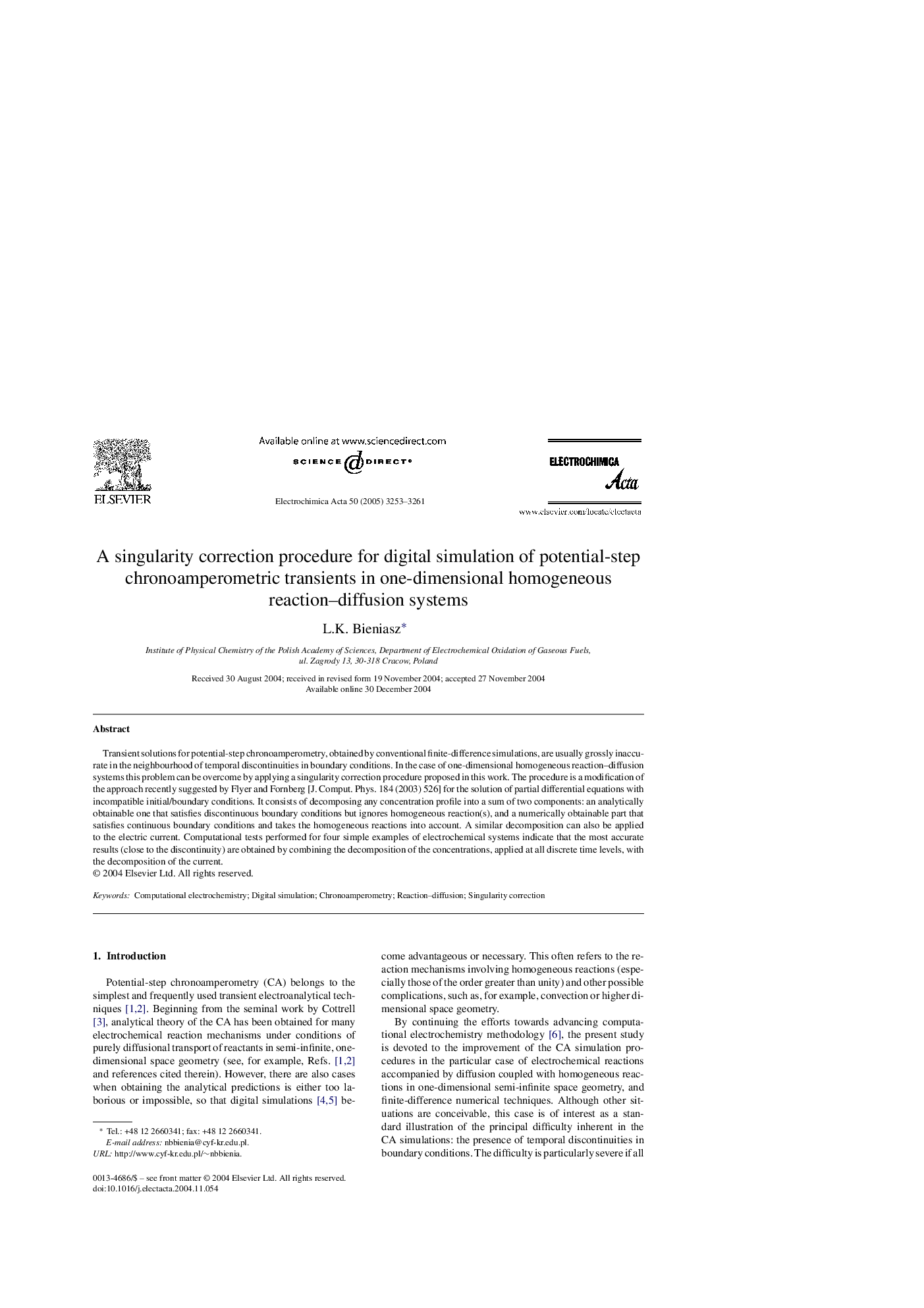 A singularity correction procedure for digital simulation of potential-step chronoamperometric transients in one-dimensional homogeneous reaction–diffusion systems