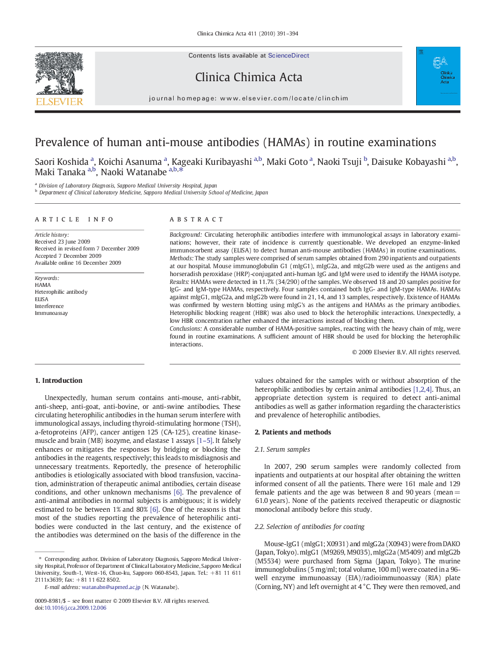 Prevalence of human anti-mouse antibodies (HAMAs) in routine examinations