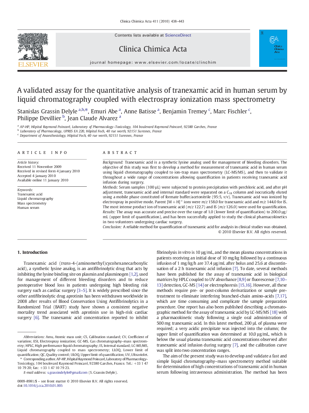 A validated assay for the quantitative analysis of tranexamic acid in human serum by liquid chromatography coupled with electrospray ionization mass spectrometry