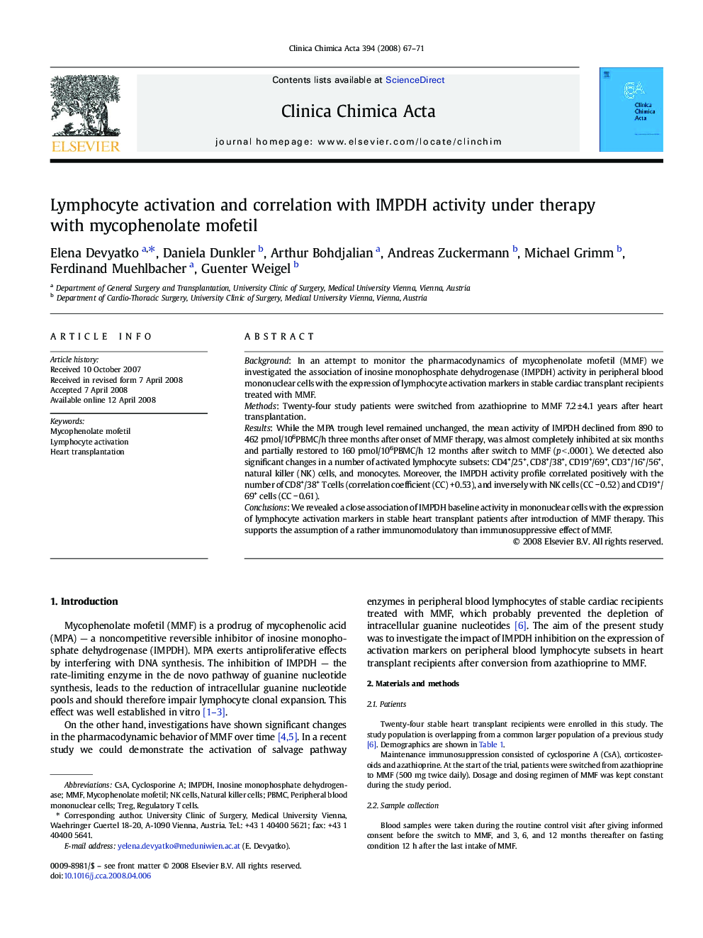 Lymphocyte activation and correlation with IMPDH activity under therapy with mycophenolate mofetil