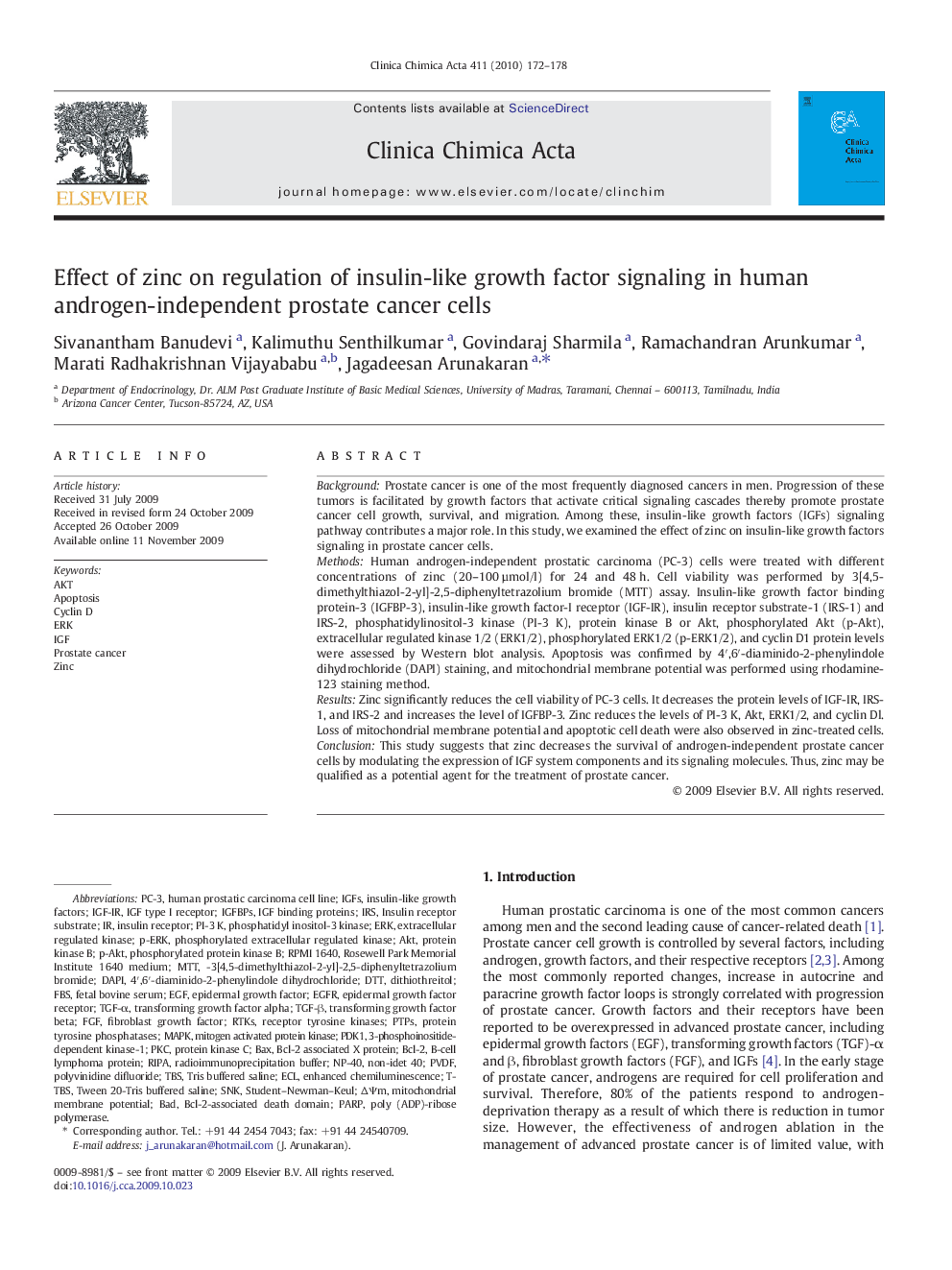 Effect of zinc on regulation of insulin-like growth factor signaling in human androgen-independent prostate cancer cells