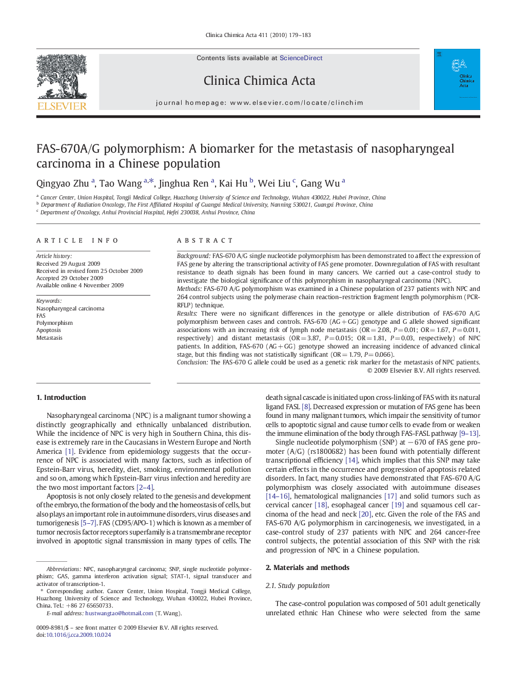 FAS-670A/G polymorphism: A biomarker for the metastasis of nasopharyngeal carcinoma in a Chinese population