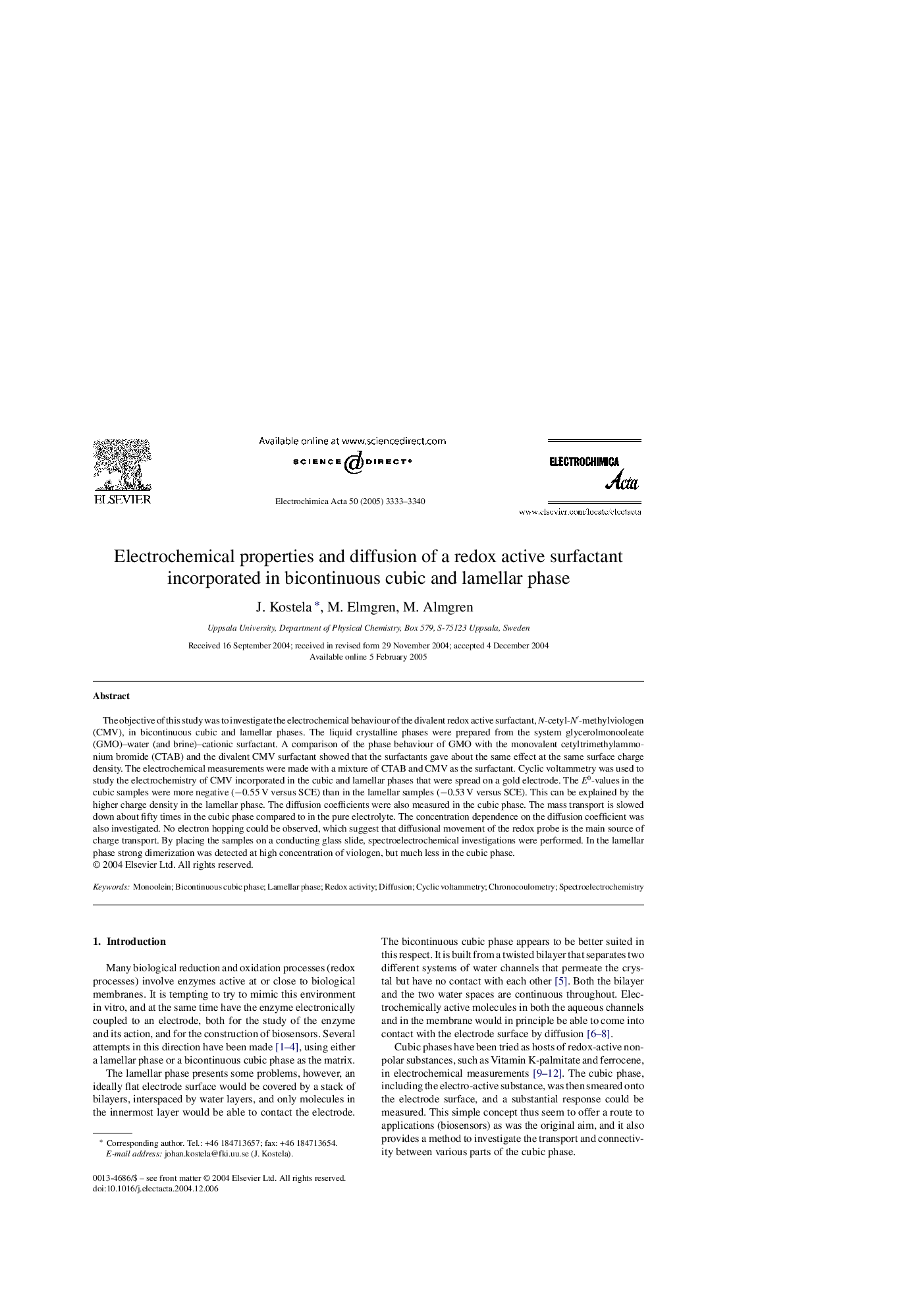 Electrochemical properties and diffusion of a redox active surfactant incorporated in bicontinuous cubic and lamellar phase