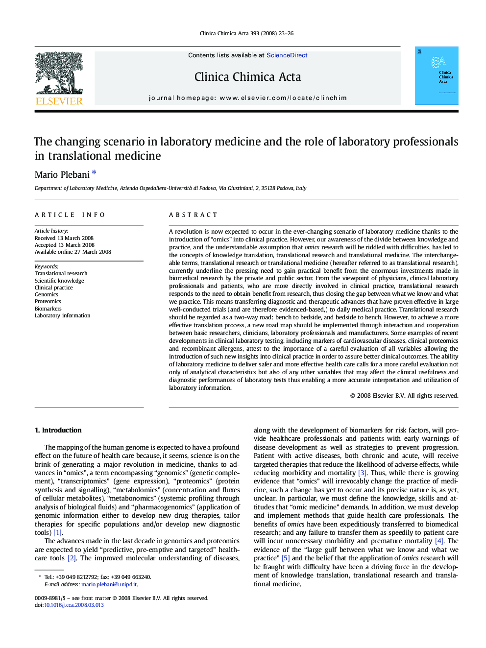 The changing scenario in laboratory medicine and the role of laboratory professionals in translational medicine