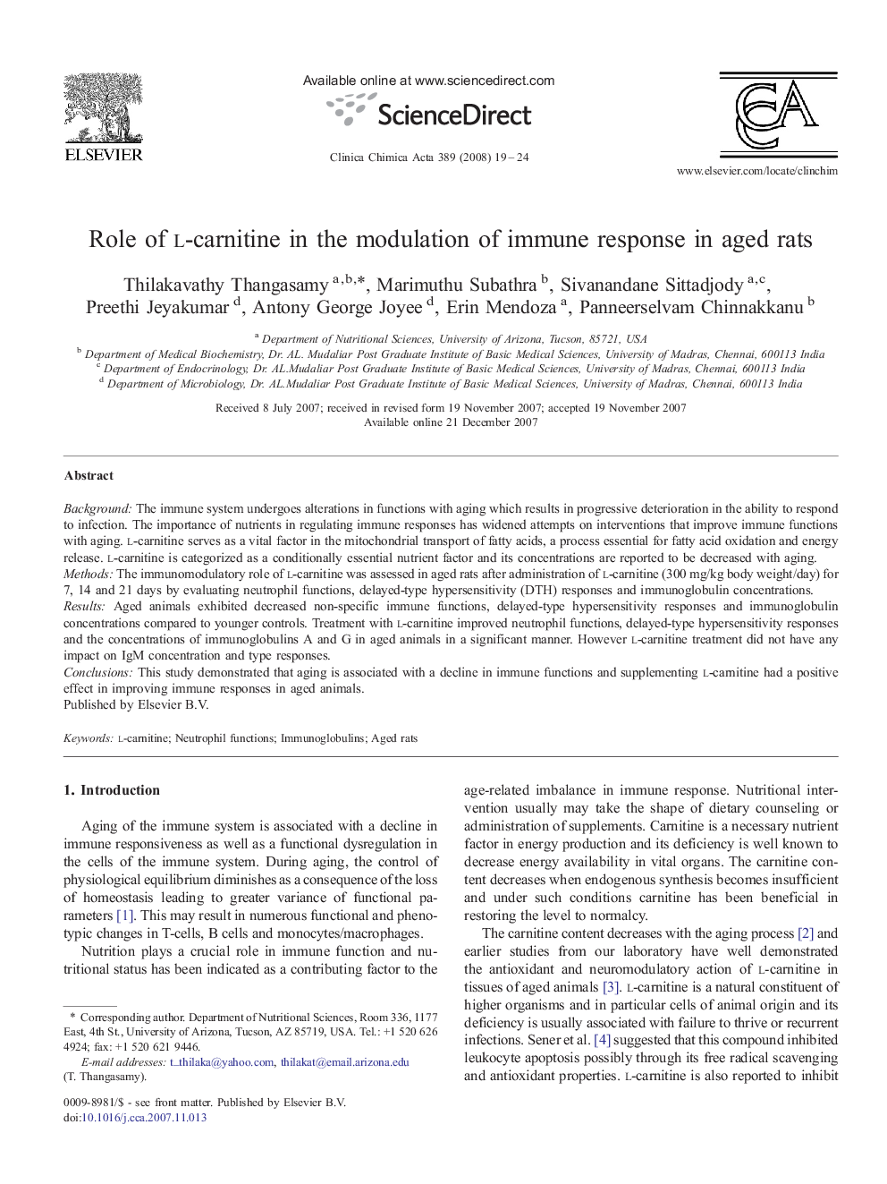 Role of l-carnitine in the modulation of immune response in aged rats