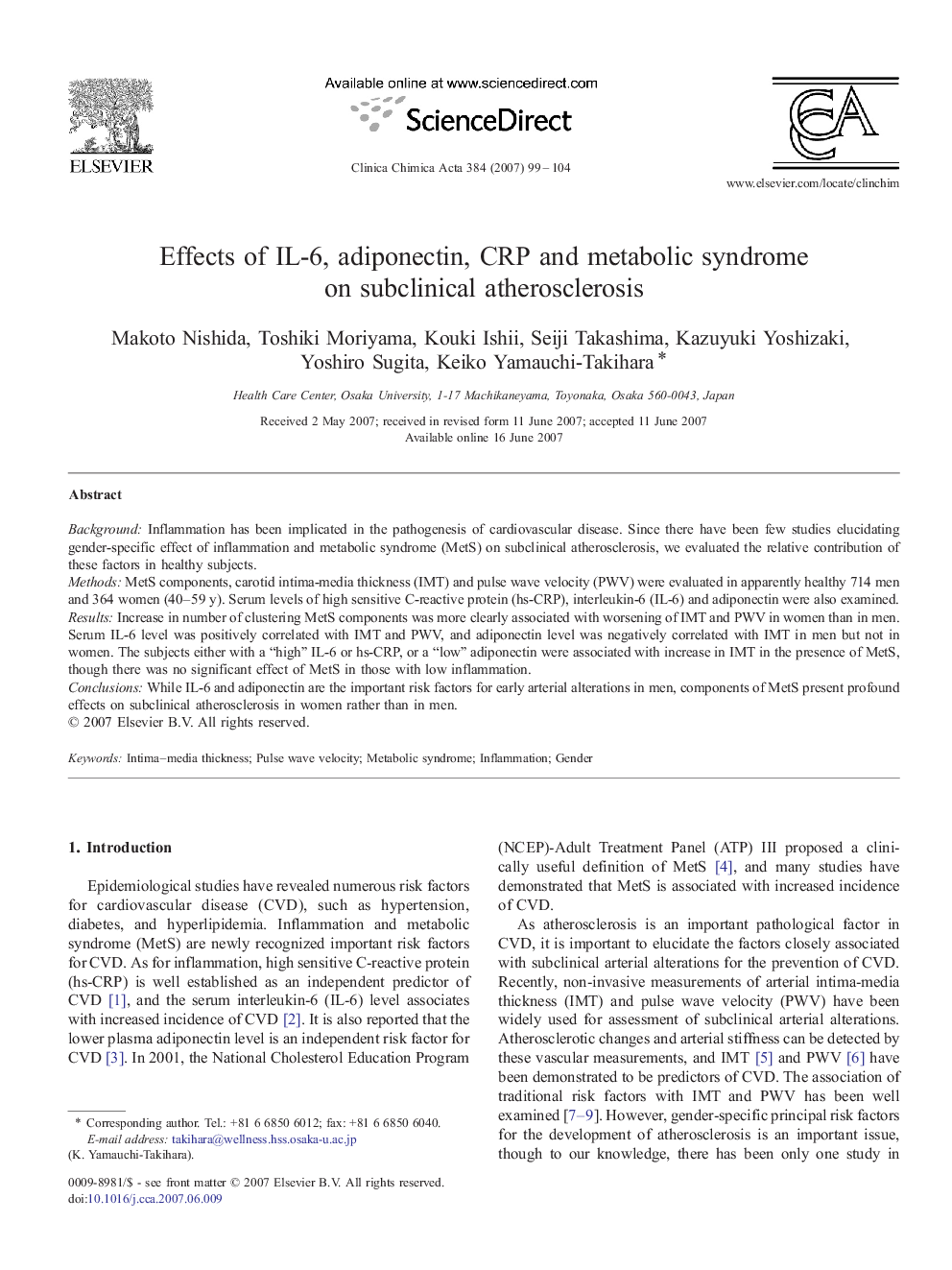 Effects of IL-6, adiponectin, CRP and metabolic syndrome on subclinical atherosclerosis