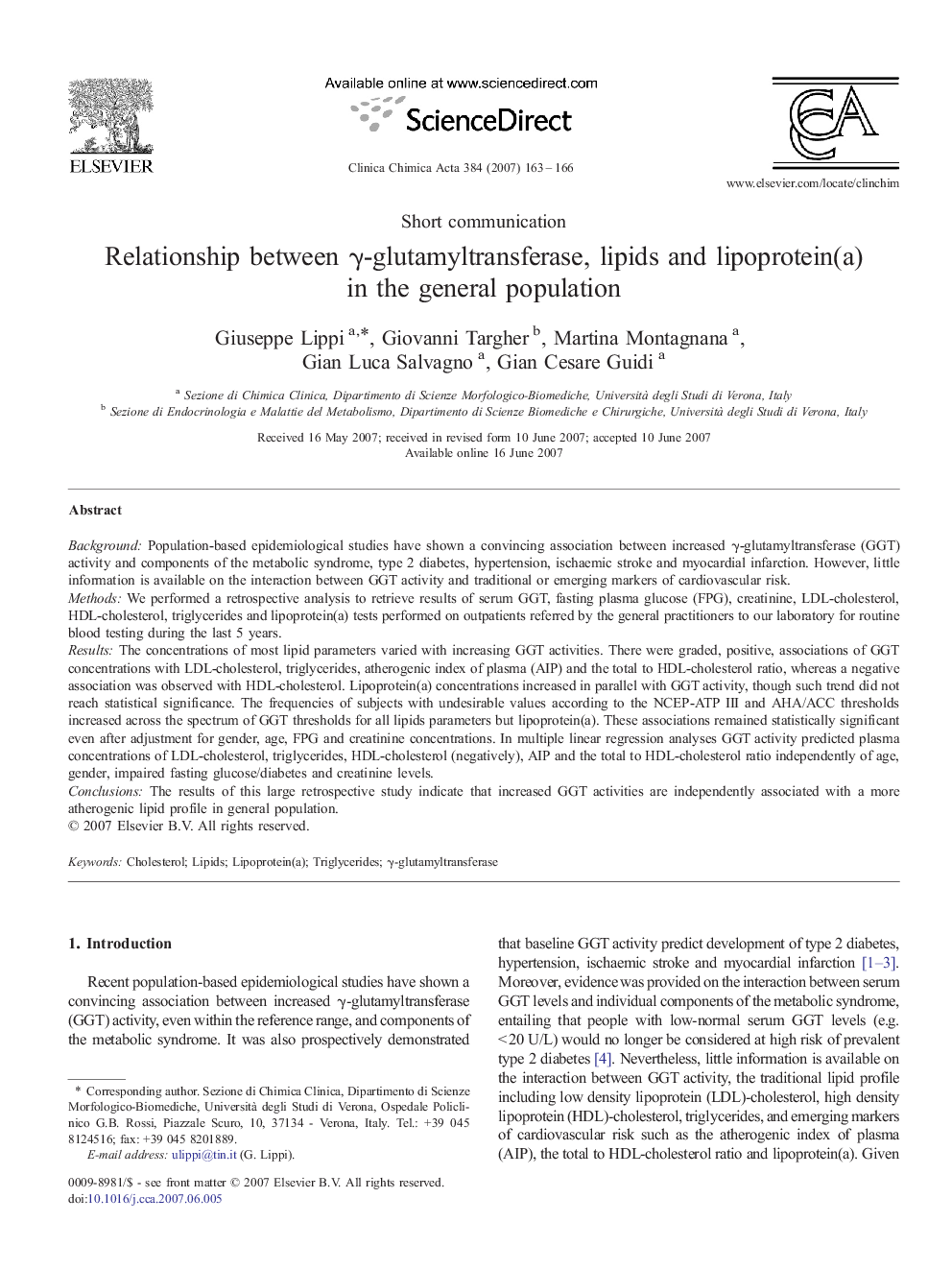 Relationship between γ-glutamyltransferase, lipids and lipoprotein(a) in the general population