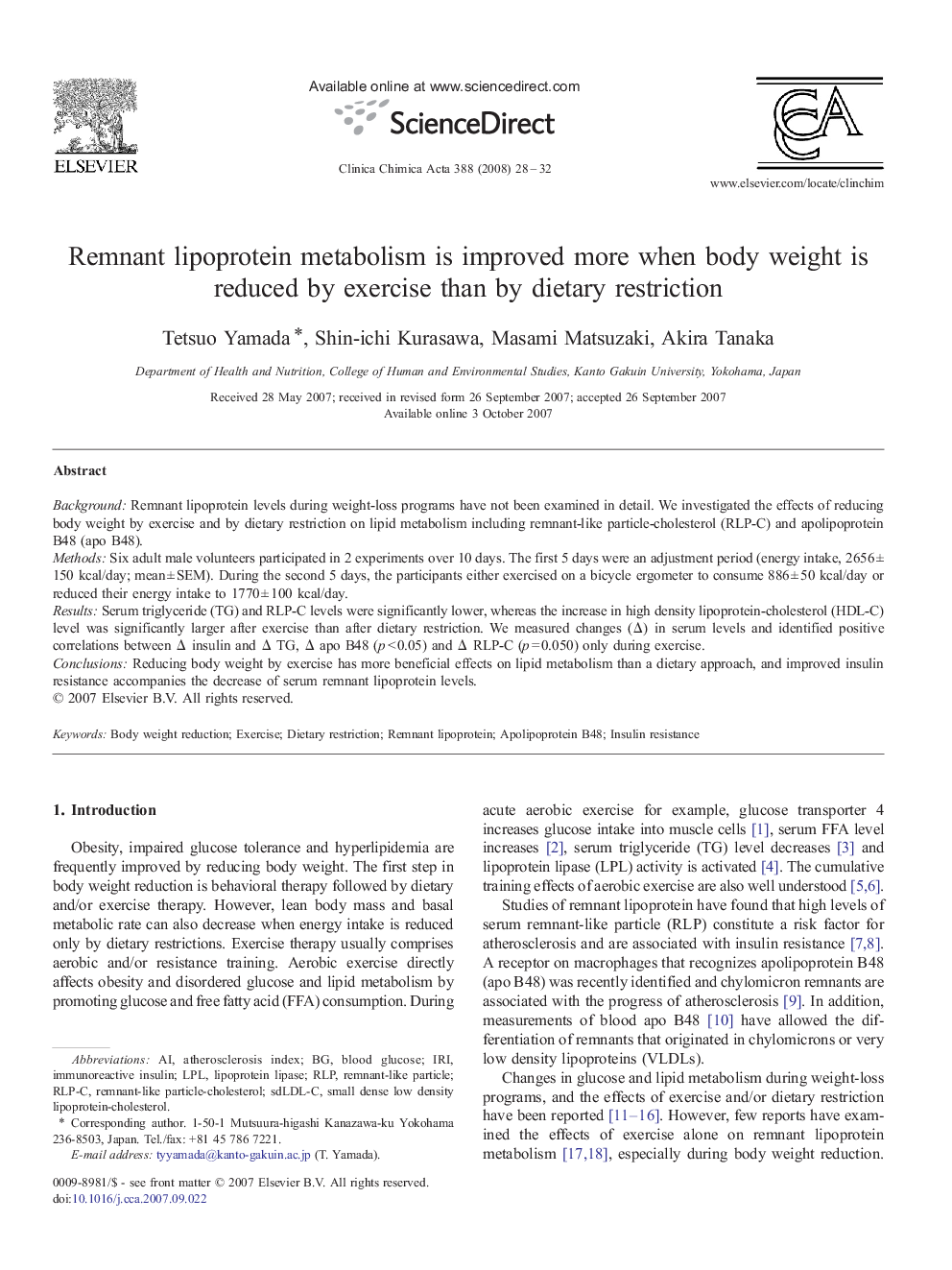 Remnant lipoprotein metabolism is improved more when body weight is reduced by exercise than by dietary restriction