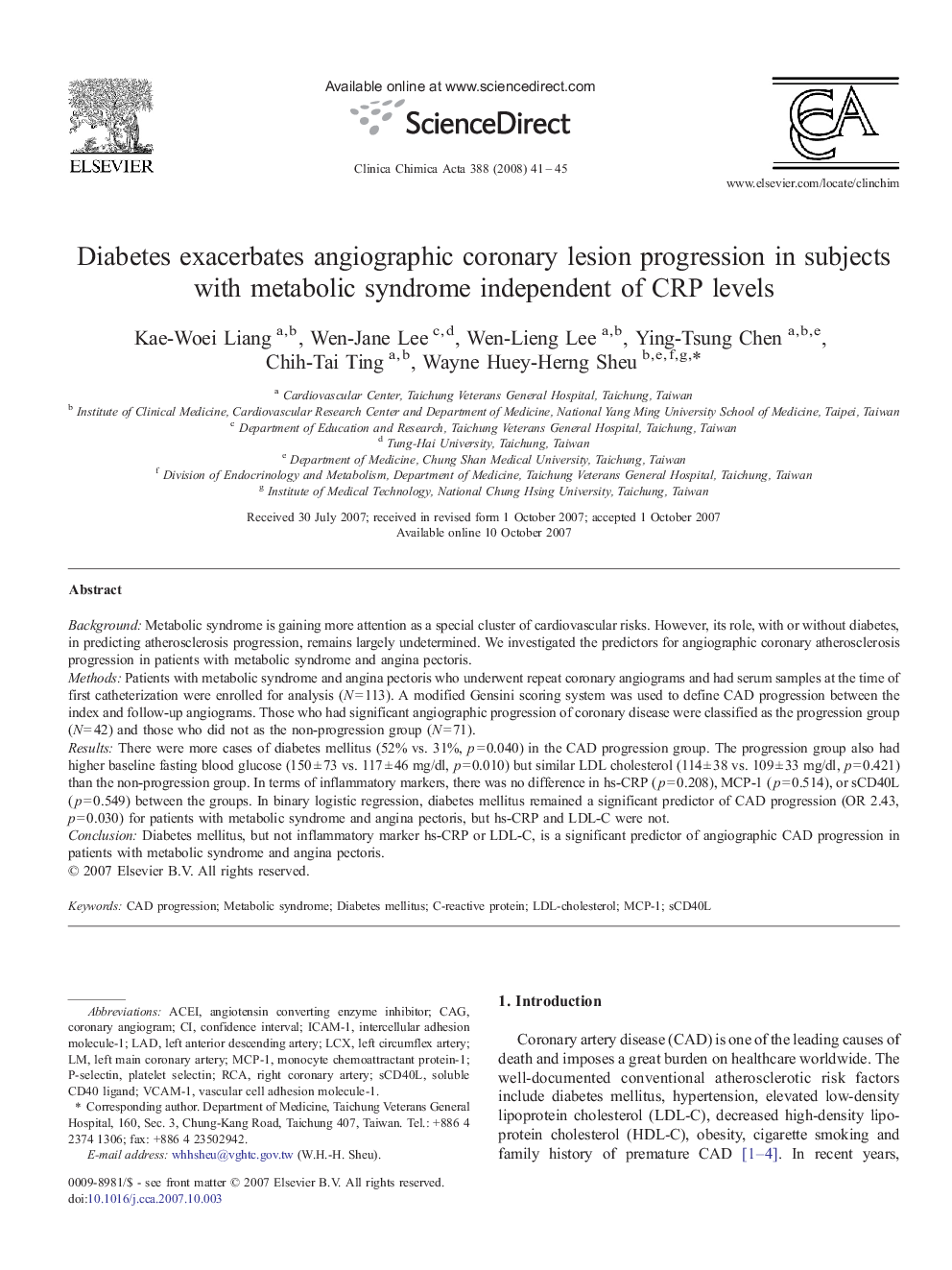 Diabetes exacerbates angiographic coronary lesion progression in subjects with metabolic syndrome independent of CRP levels