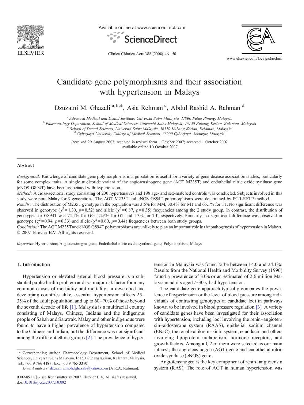 Candidate gene polymorphisms and their association with hypertension in Malays