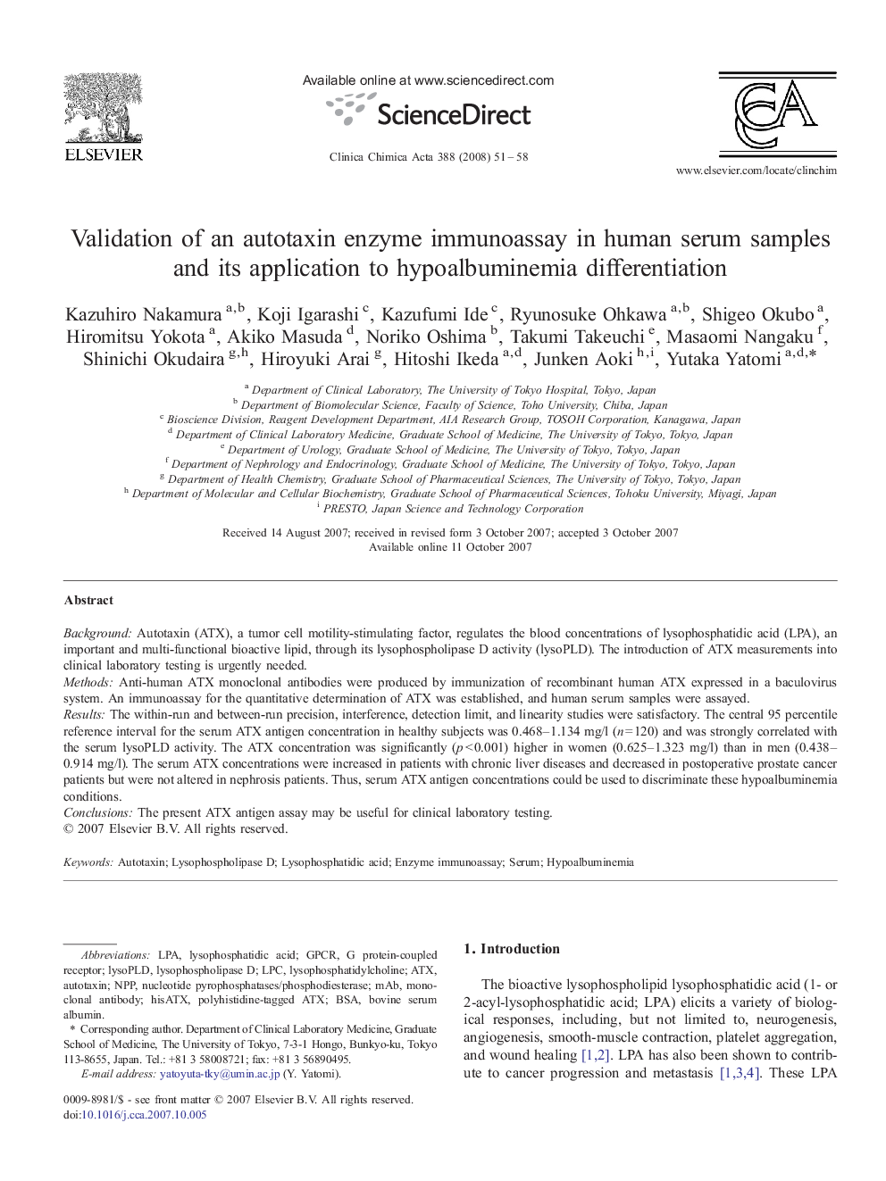 Validation of an autotaxin enzyme immunoassay in human serum samples and its application to hypoalbuminemia differentiation