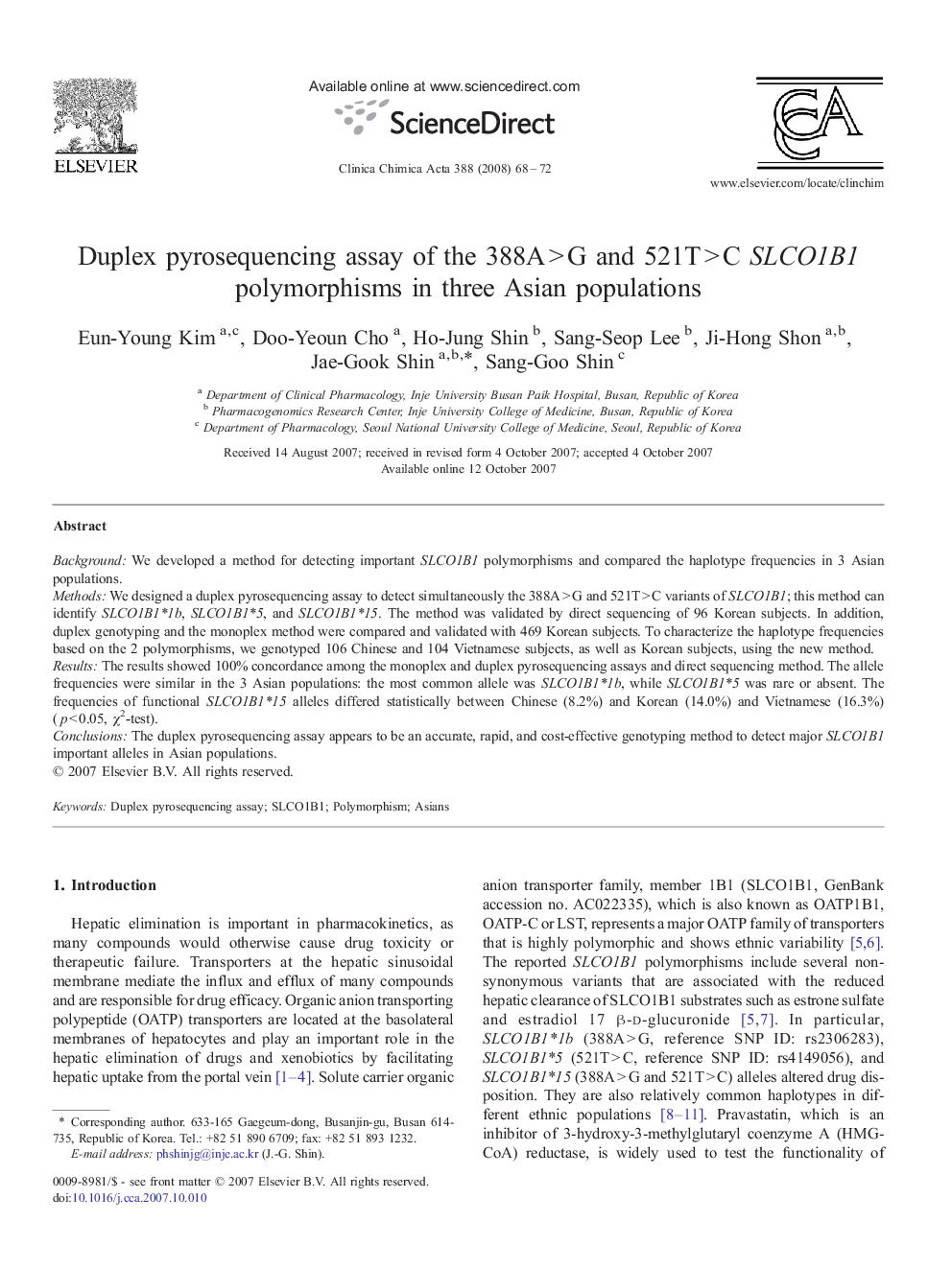 Duplex pyrosequencing assay of the 388A > G and 521T > C SLCO1B1 polymorphisms in three Asian populations