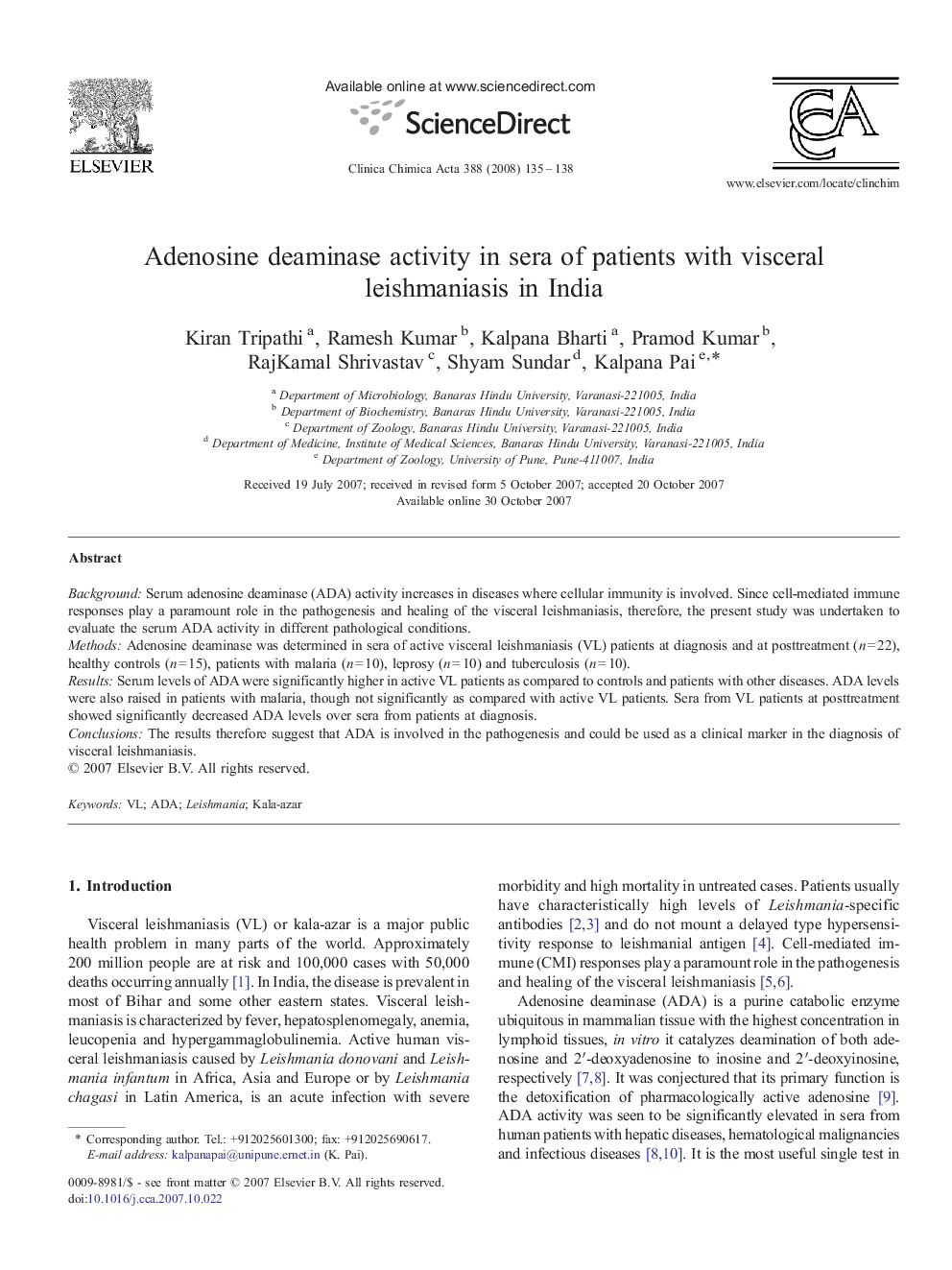 Adenosine deaminase activity in sera of patients with visceral leishmaniasis in India