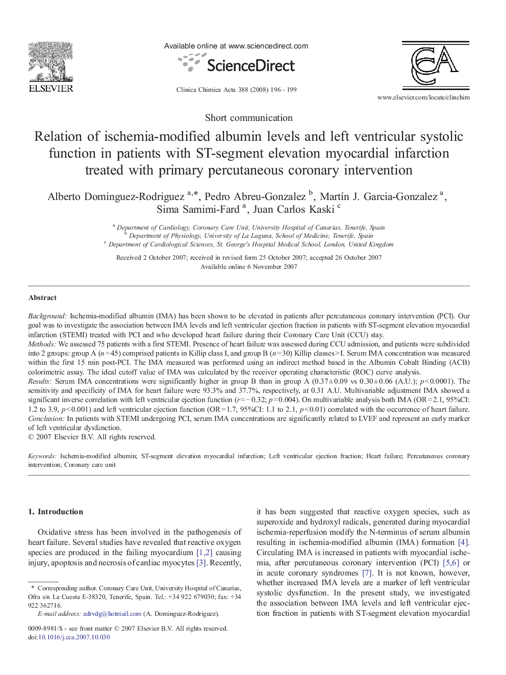 Relation of ischemia-modified albumin levels and left ventricular systolic function in patients with ST-segment elevation myocardial infarction treated with primary percutaneous coronary intervention