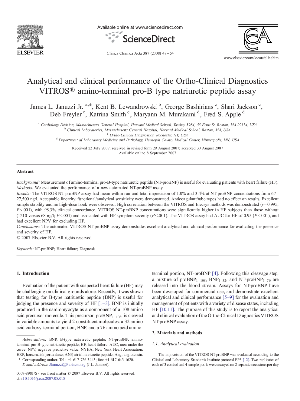 Analytical and clinical performance of the Ortho-Clinical Diagnostics VITROS® amino-terminal pro-B type natriuretic peptide assay