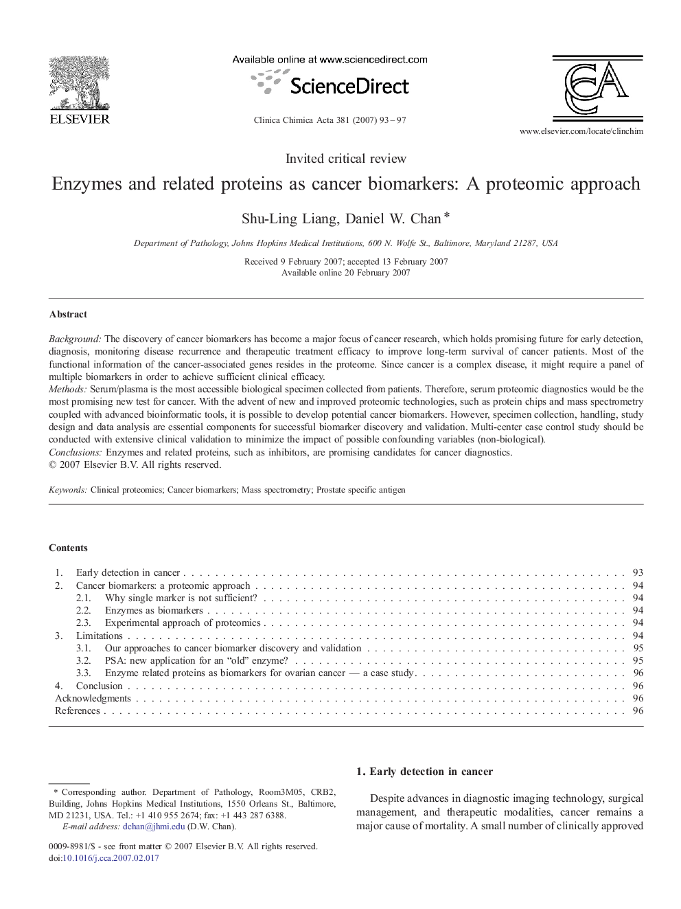 Enzymes and related proteins as cancer biomarkers: A proteomic approach