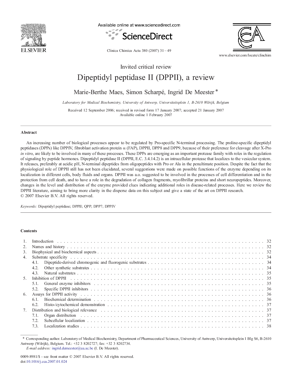 Dipeptidyl peptidase II (DPPII), a review