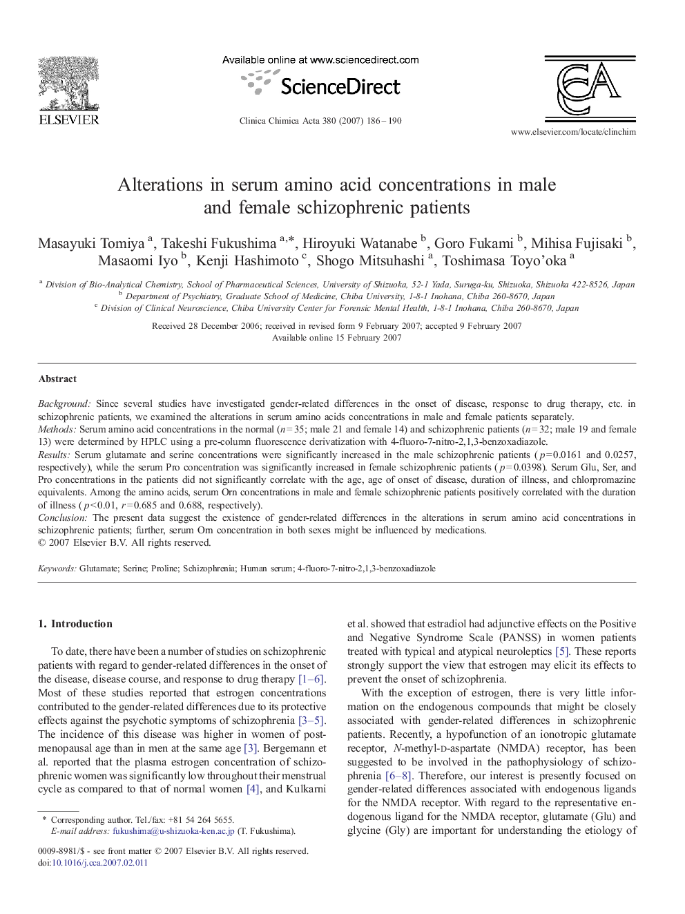 Alterations in serum amino acid concentrations in male and female schizophrenic patients