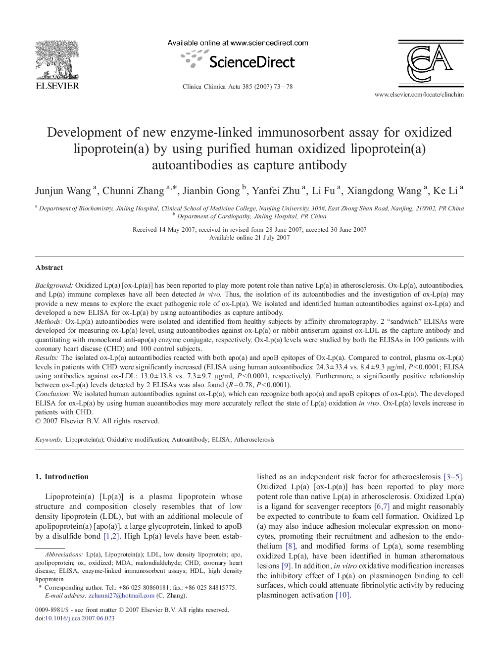 Development of new enzyme-linked immunosorbent assay for oxidized lipoprotein(a) by using purified human oxidized lipoprotein(a) autoantibodies as capture antibody